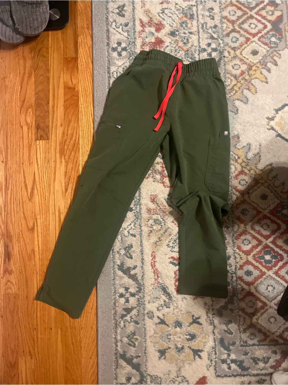 Woman’s figs Army Green Drawstring scrub Pants with Red Tie high waisted